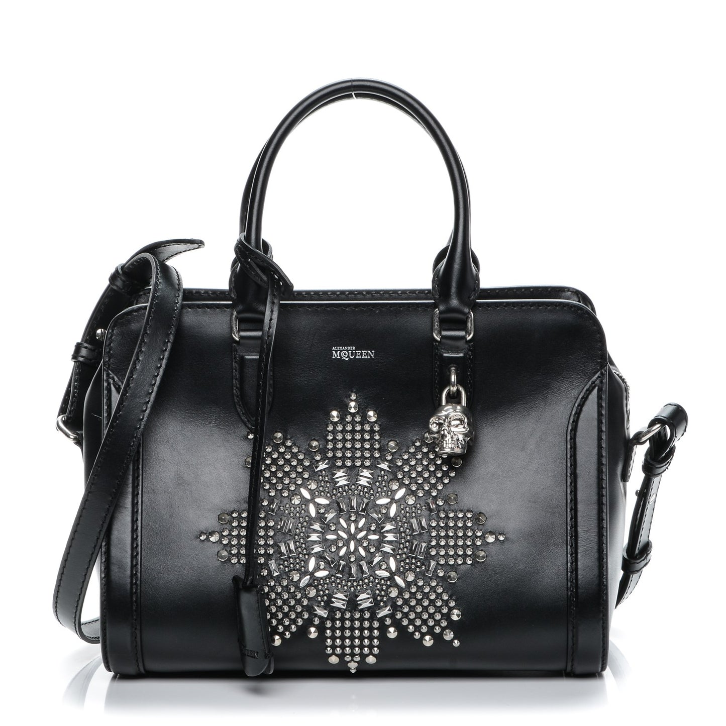 Smooth Calfskin Small Star Studded Skull Padlock Zip Around Tote Black