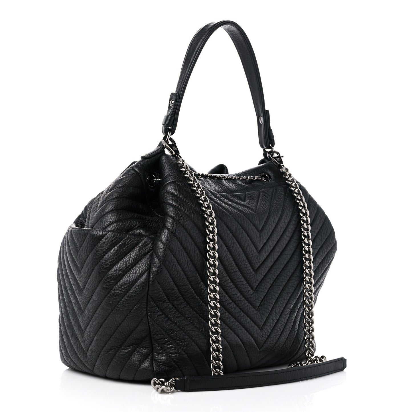 Deerskin Chevron Large CC Chain Bucket Drawstring Bag Black