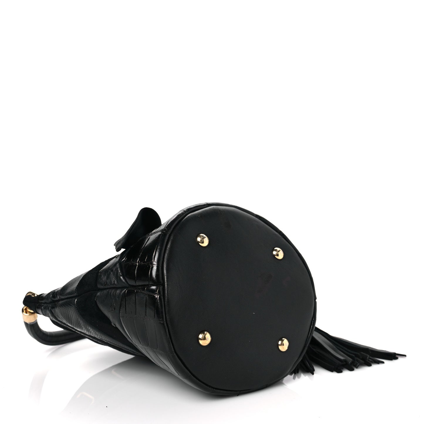 Snakeskin Alligator Ostrich Lizard Suede Drawstring Tassel Bucket Bag Black