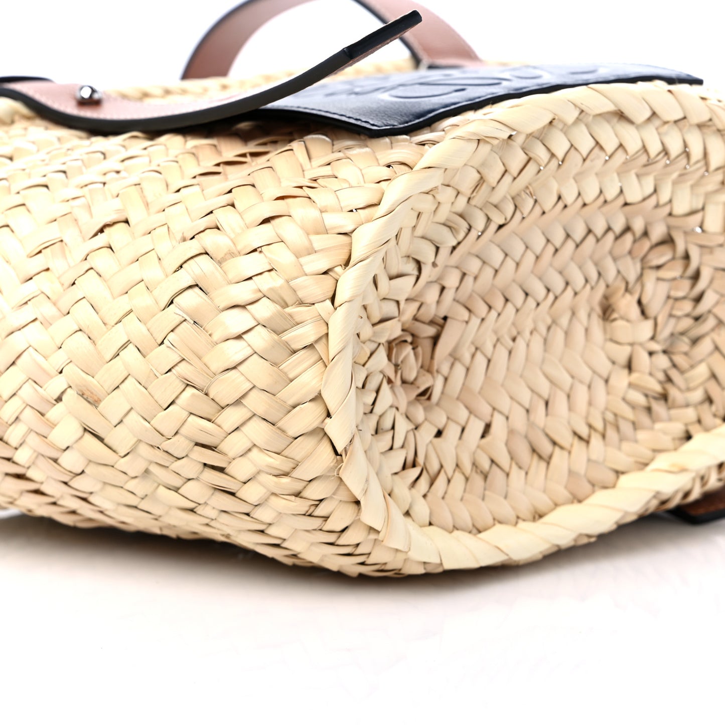 Raffia Small Basket Tote Bag Natural Tan Navy