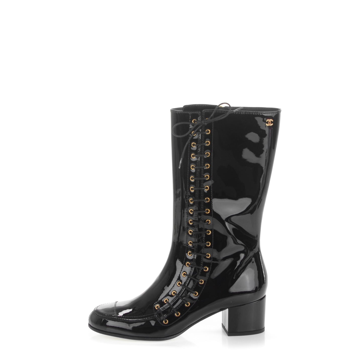 Patent Calfskin CC Lace Up Boots 38.5 Black