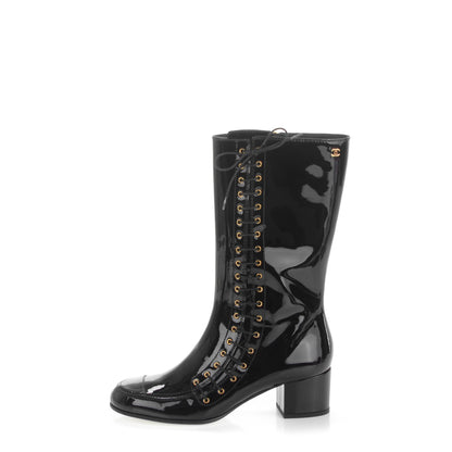 Chanel Patent Calfskin CC Lace Up Boots 38.5 Black 1 of 8