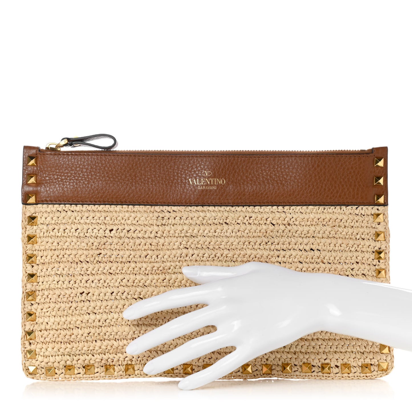 Raffia Calfskin Large Rockstud Zip Pouch Naturale Saddle Brown