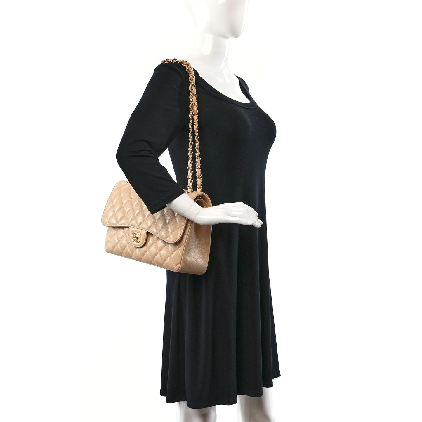Caviar Quilted Jumbo Double Flap Beige
