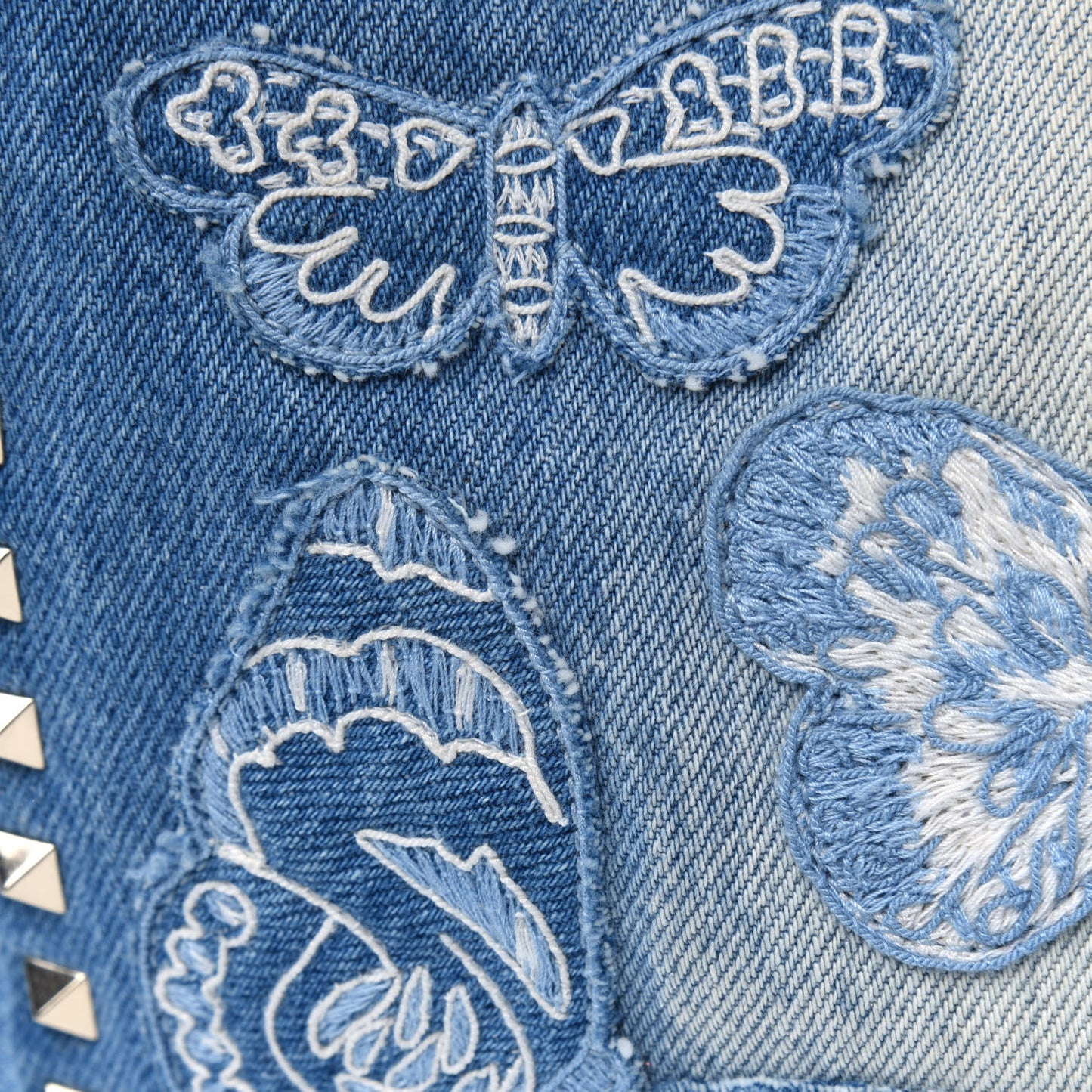 Denim Butterfly Embroidered Small Rockstud Tote Light Denim