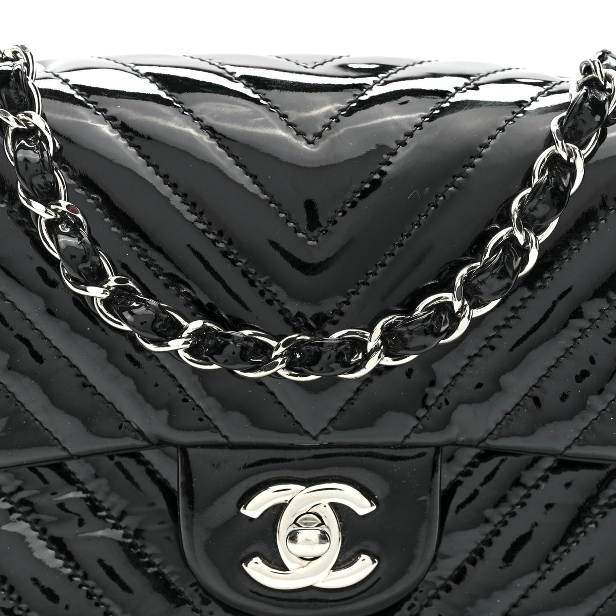Patent Calfskin Chevron Quilted Mini Square Flap Black