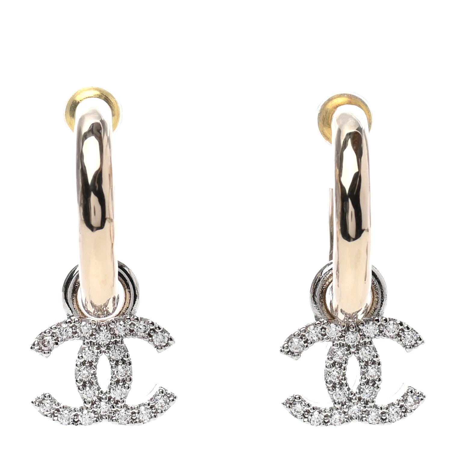 Chanel Metal Crystal CC Hoop Drop Earrings Gold 1 of 4