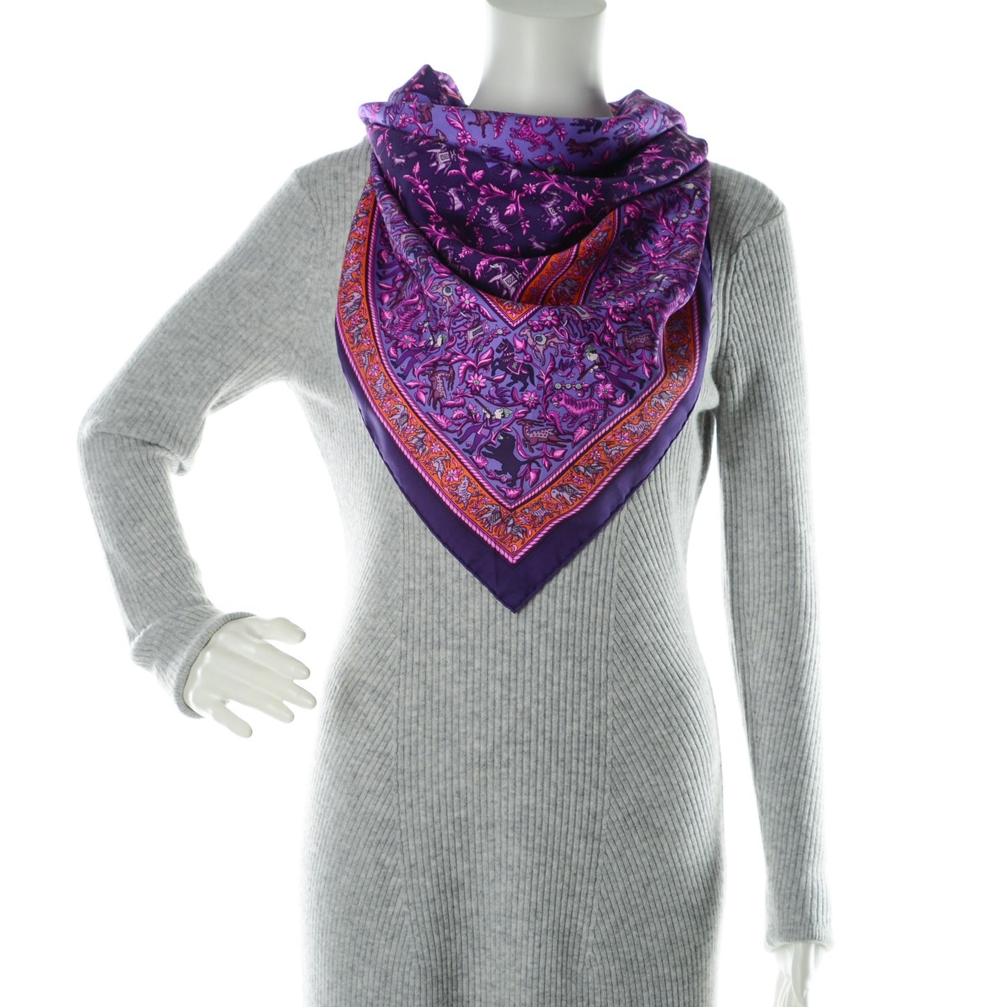 Silk Chasse En Inde Scarf 90 Violet Orange Rose Indien