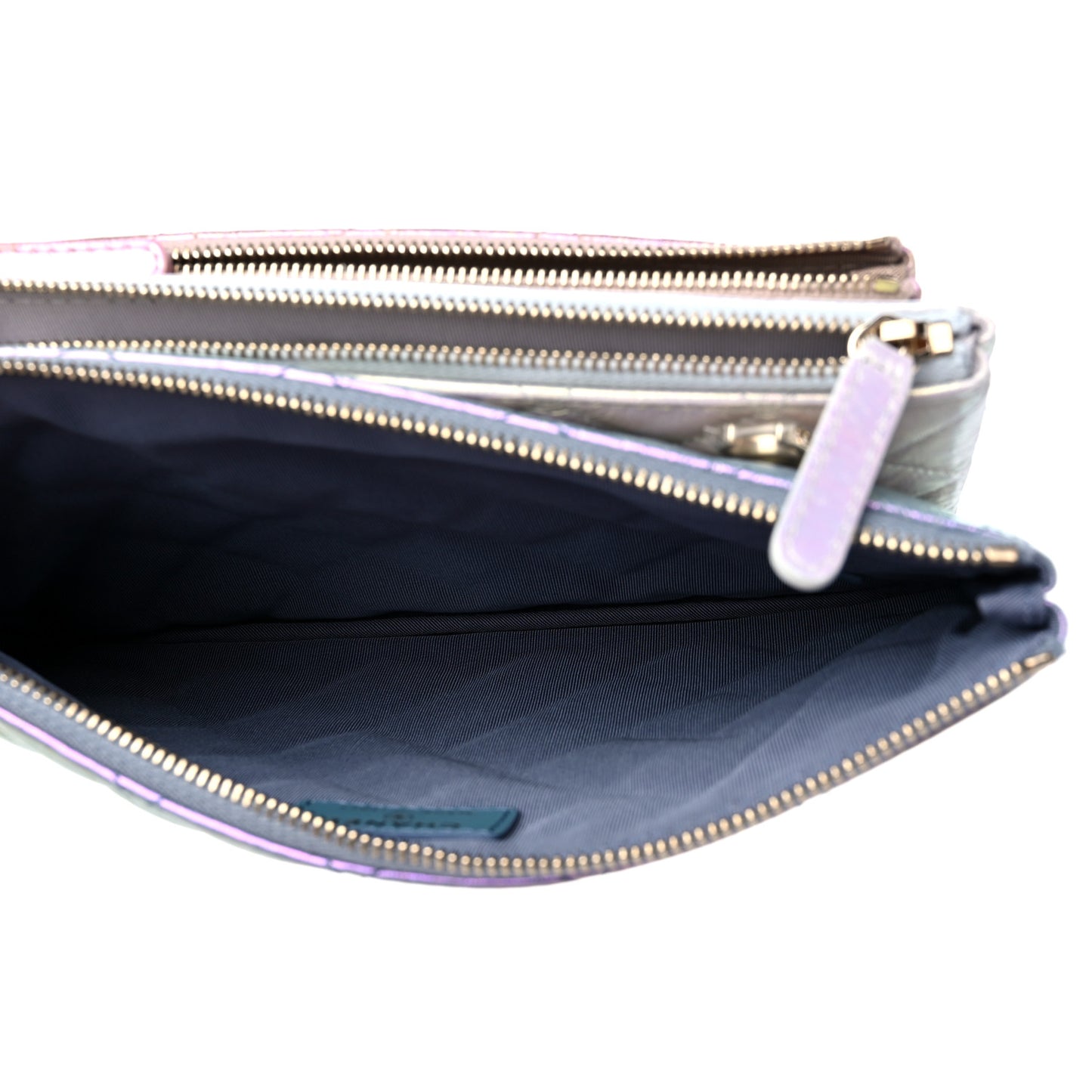 Iridescent Crumpled Calfskin Trio Cosmetic Case Blue Pink Ivory