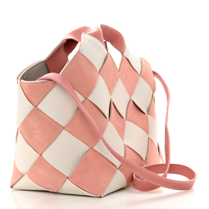 Loewe Calfskin Suede Gingham Woven Basket Bag Soft Pink White 3 of 10