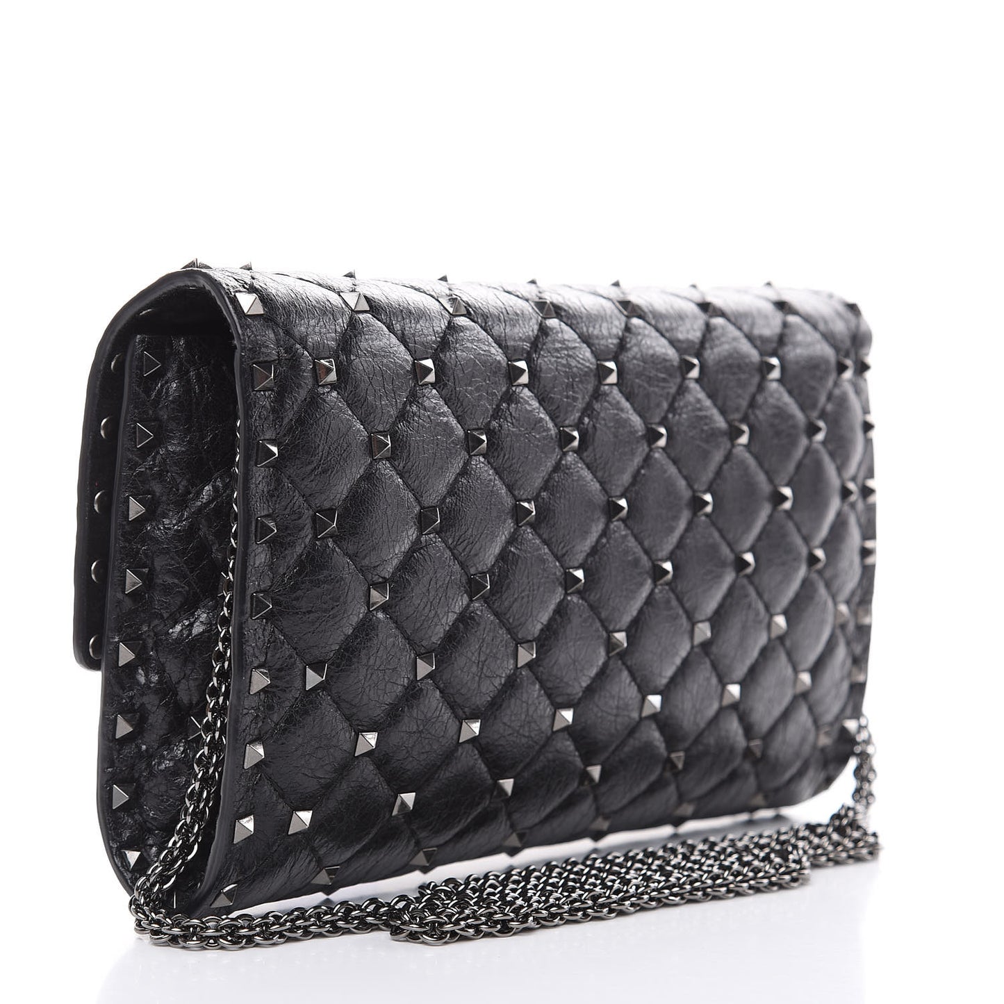 Craquele Nappa Rockstud Spike Wallet on Chain Black