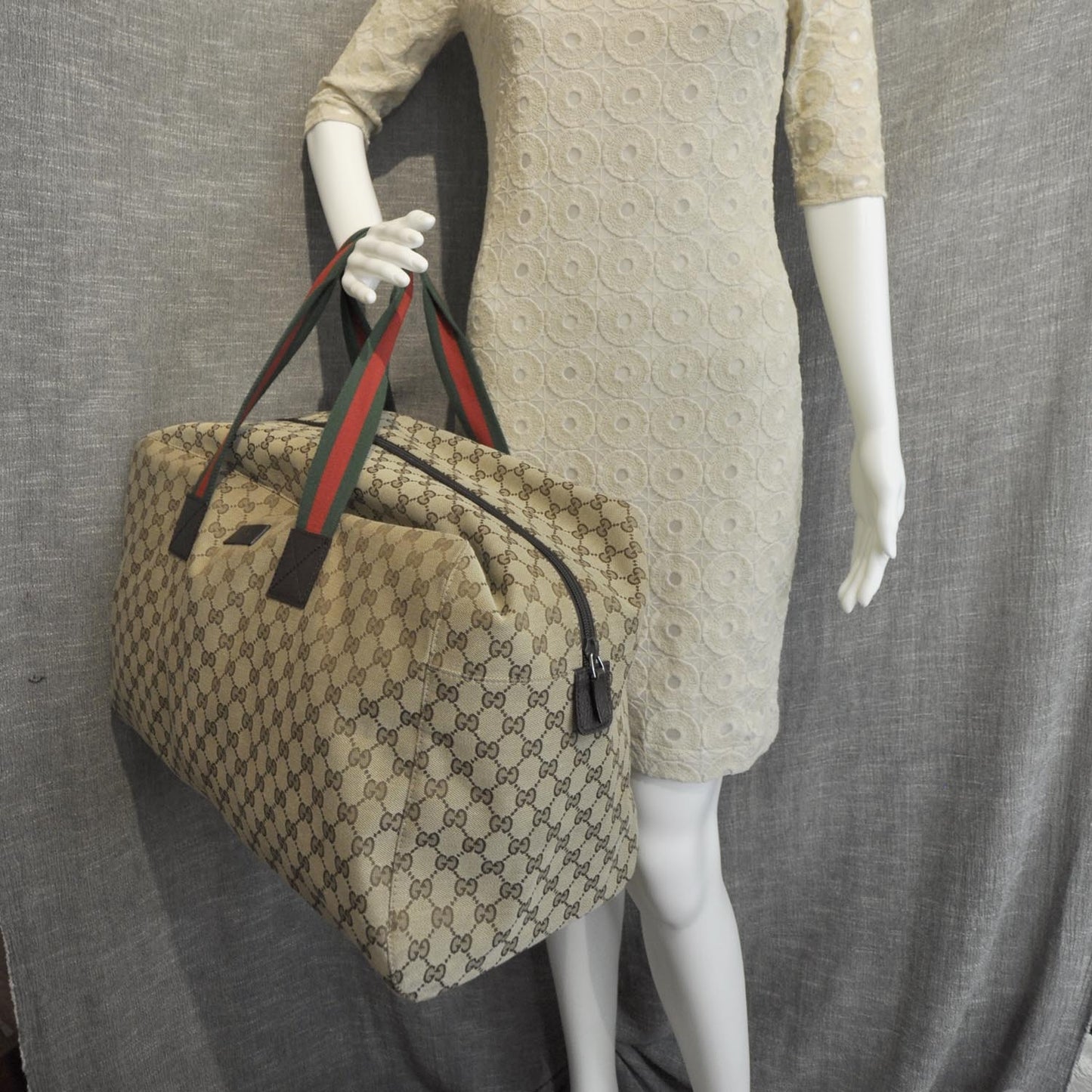 GG Monogram Web Large Collapsible Carry On Duffle Beige Brown