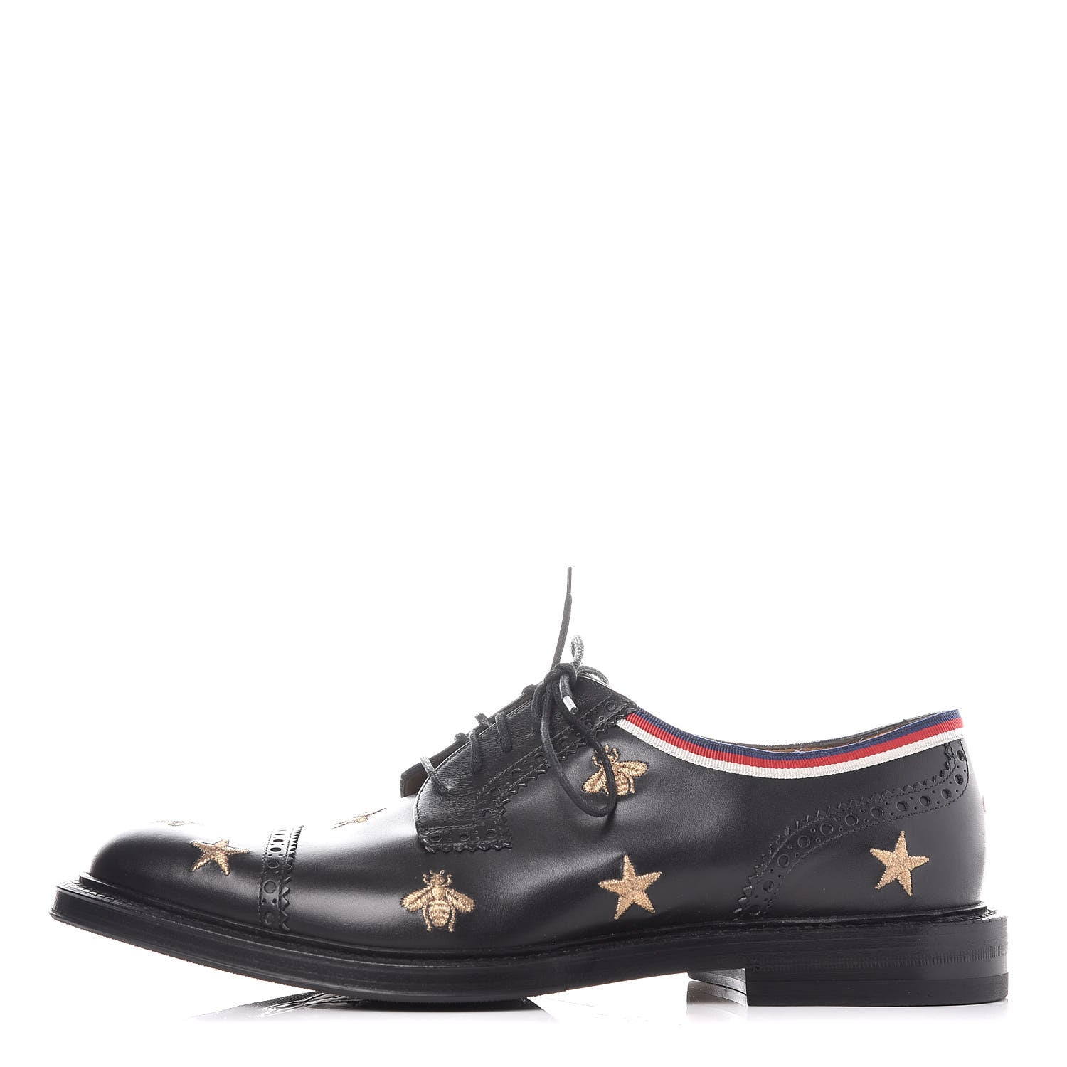 Gucci Calfskin Bee Star Embroidered Mens Captoe Derby Loafers 9 Black 1 of 11