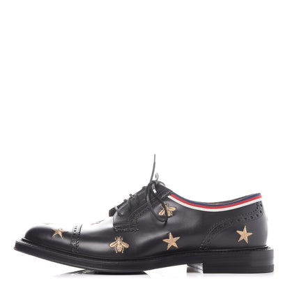 Gucci Calfskin Bee Star Embroidered Mens Captoe Derby Loafers 9 Black 1 of 11