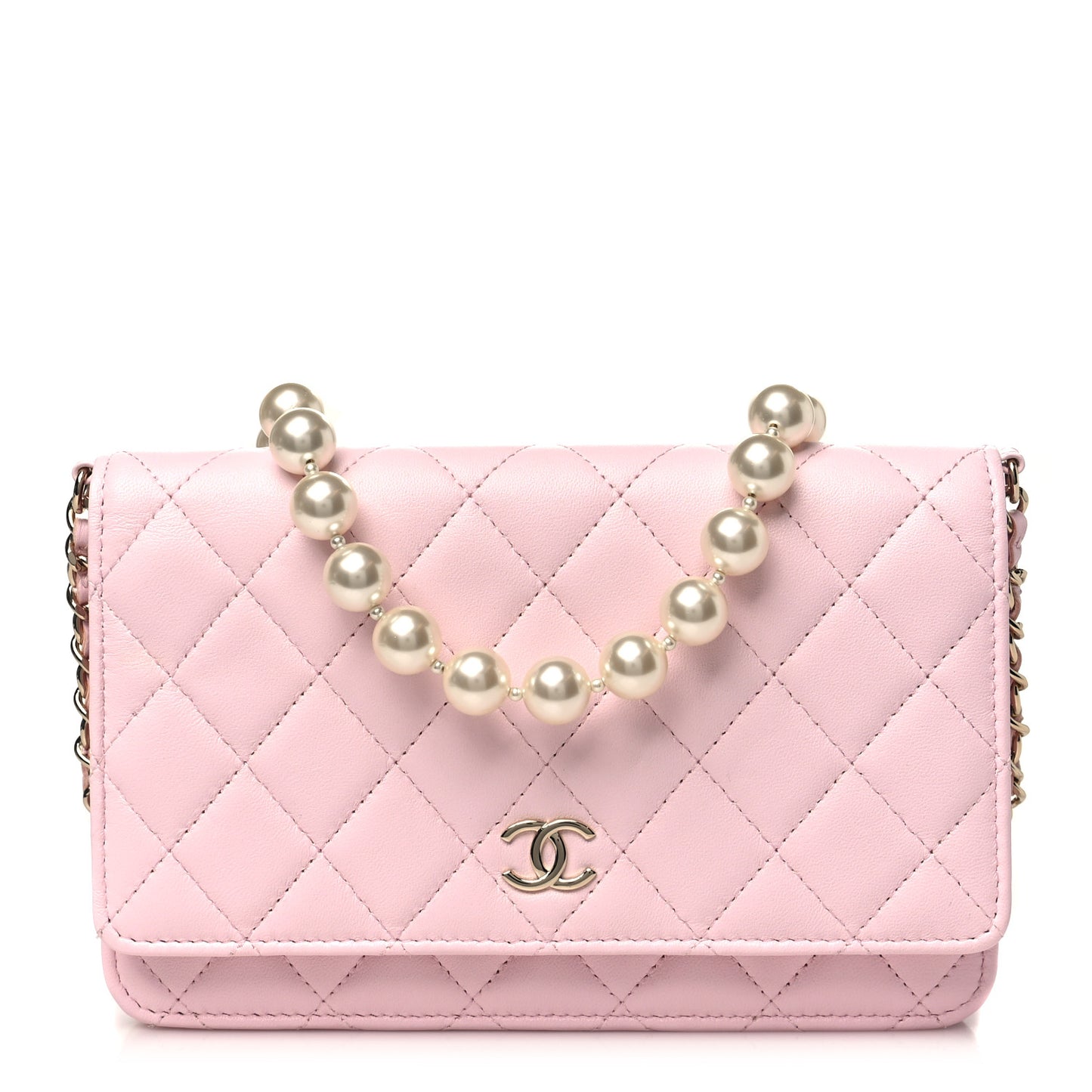 Lambskin Quilted Pearl Wallet On Chain WOC Pink Pink