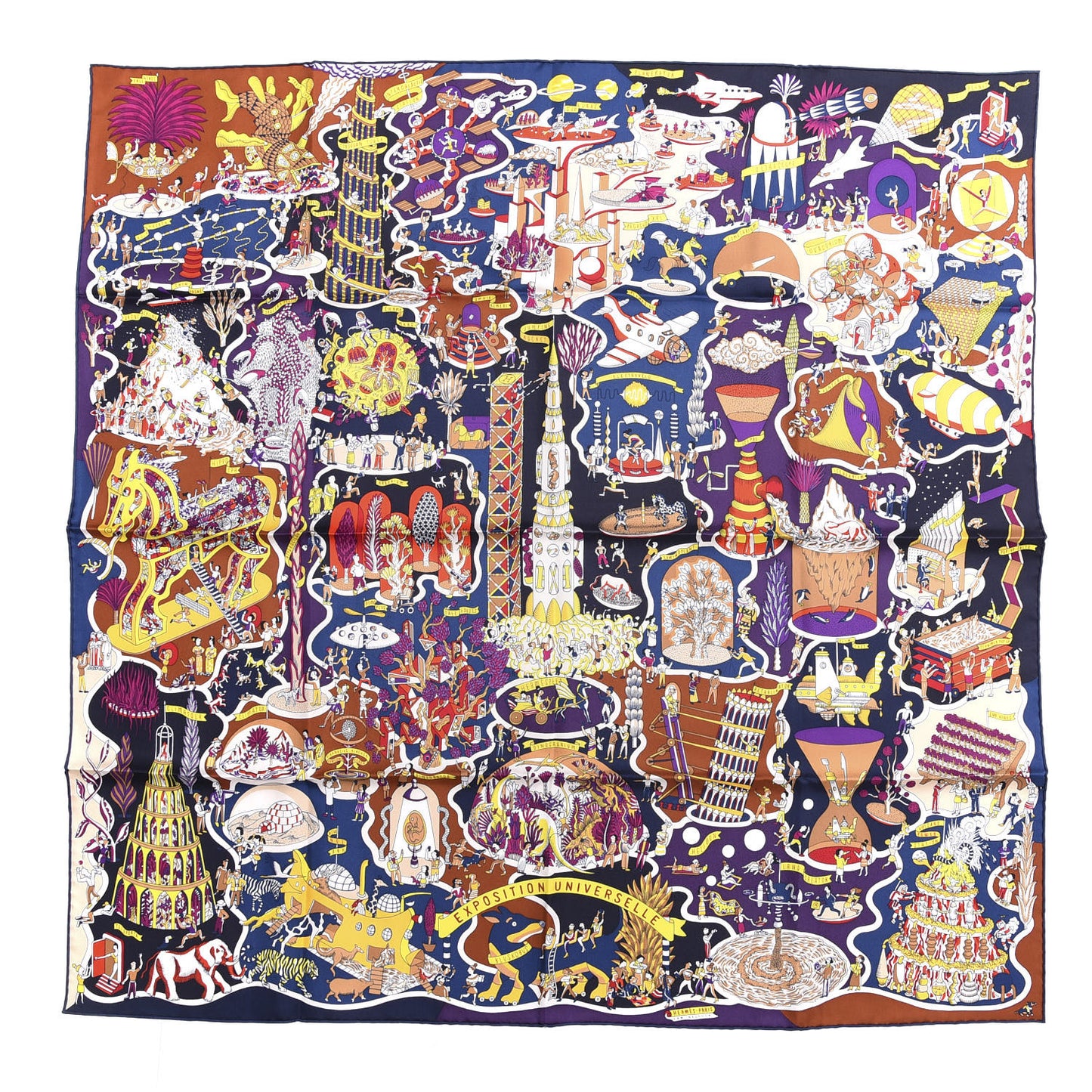 Silk Exposition Universell Scarf 90 Marine Violet Jaune