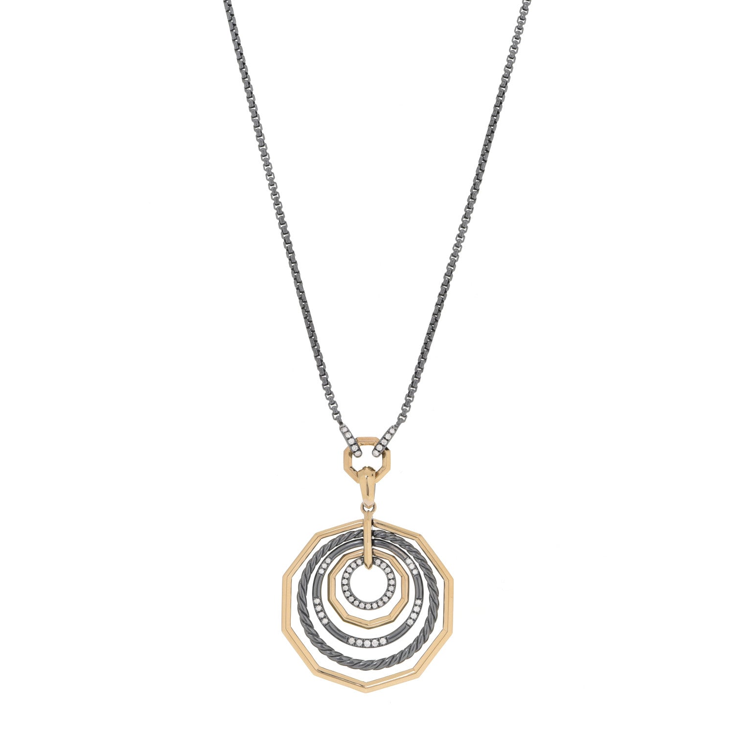 David Yurman Darkened Sterling Silver 18K Yellow Gold Diamond Medium Stax Pendant Necklace 1 of 6