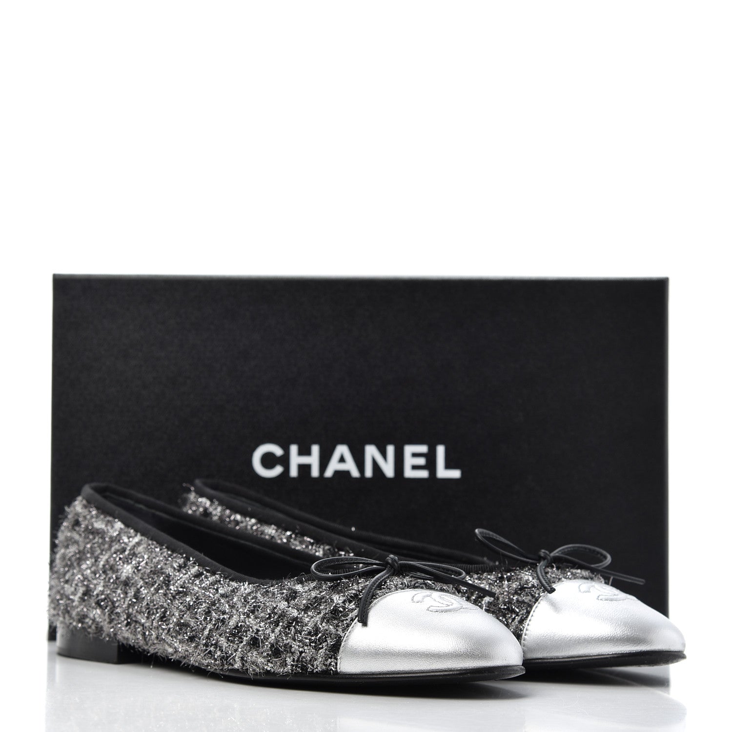 Chanel Metallic Tweed Lambskin Cap Toe Ballerina Flats 41 Black Silver 15 of 15