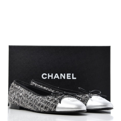 Chanel Metallic Tweed Lambskin Cap Toe Ballerina Flats 41 Black Silver 15 of 15