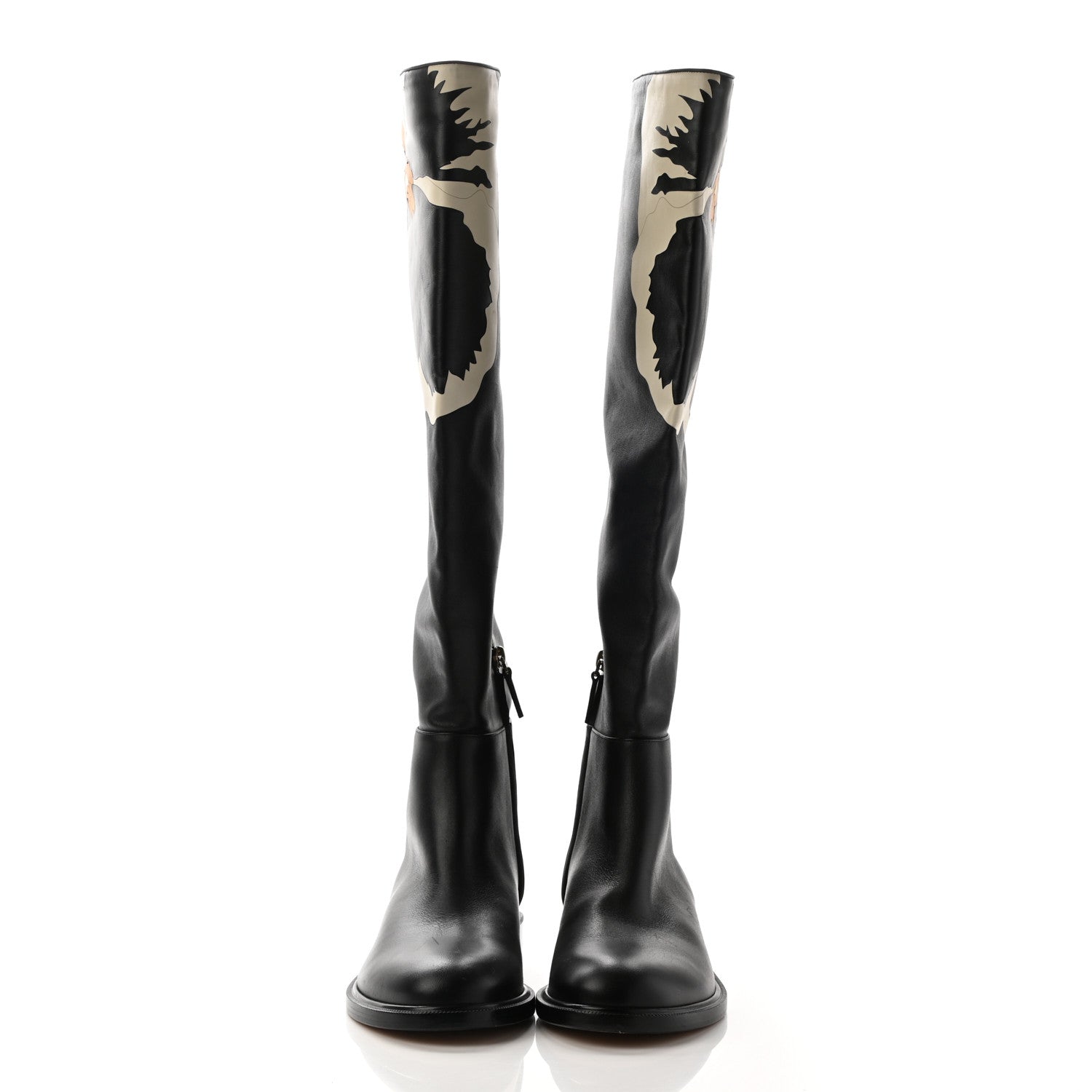 Valentino Garavani Calfskin Floral Print Knee High Flat Boots 39.5 Black 2 of 11