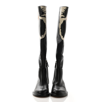 Valentino Garavani Calfskin Floral Print Knee High Flat Boots 39.5 Black 2 of 11