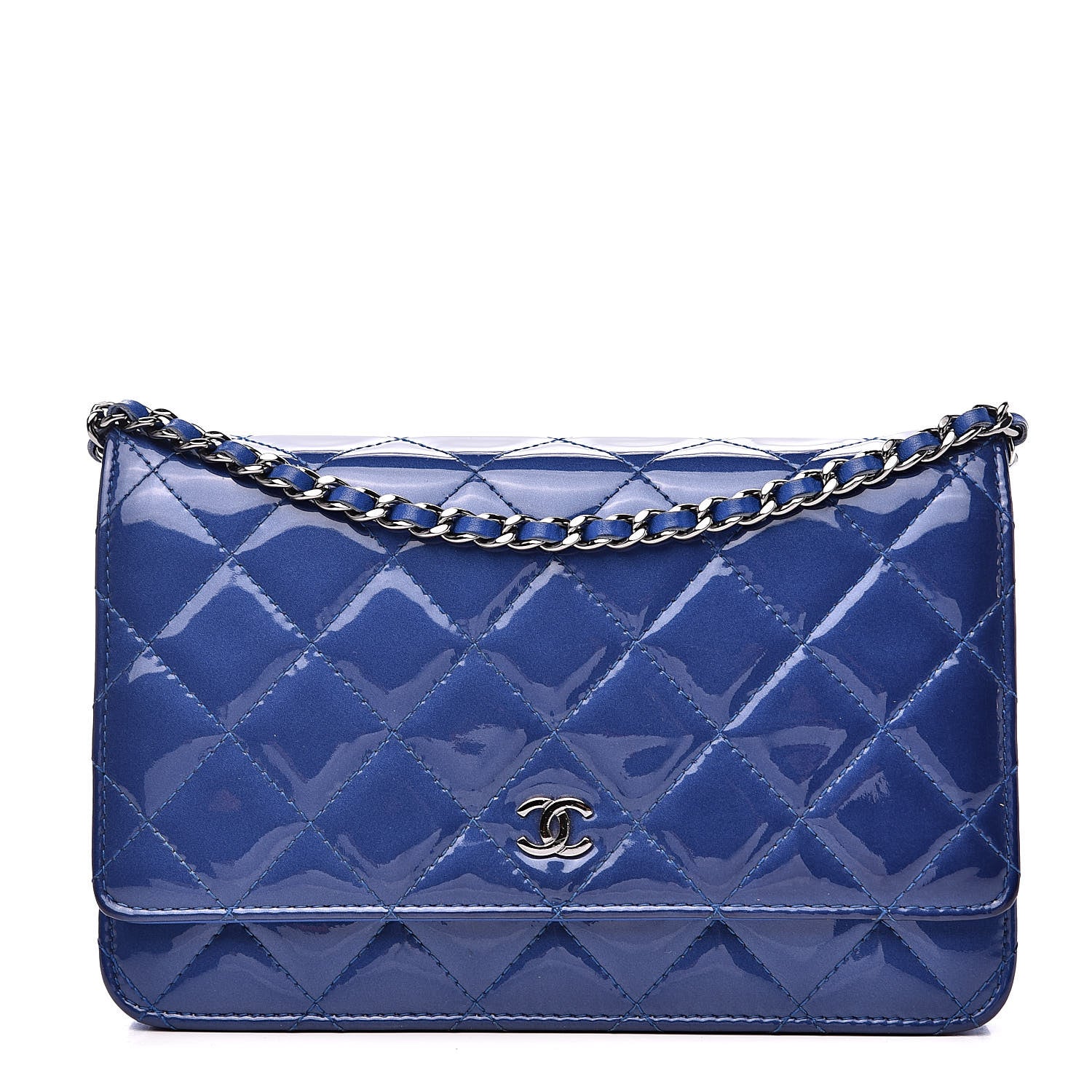 Chanel Patent Quilted Wallet On Chain WOC Dark Blue 1 of 12