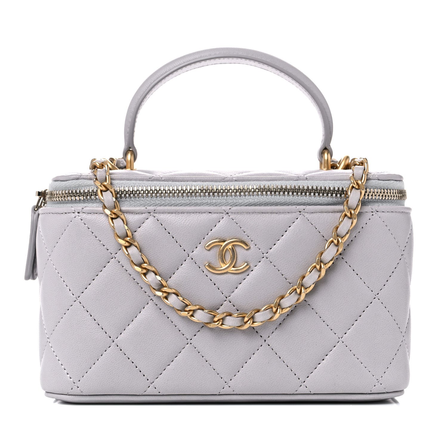 Lambskin Quilted Small Top Handle Vanity Case With Chain Grey
