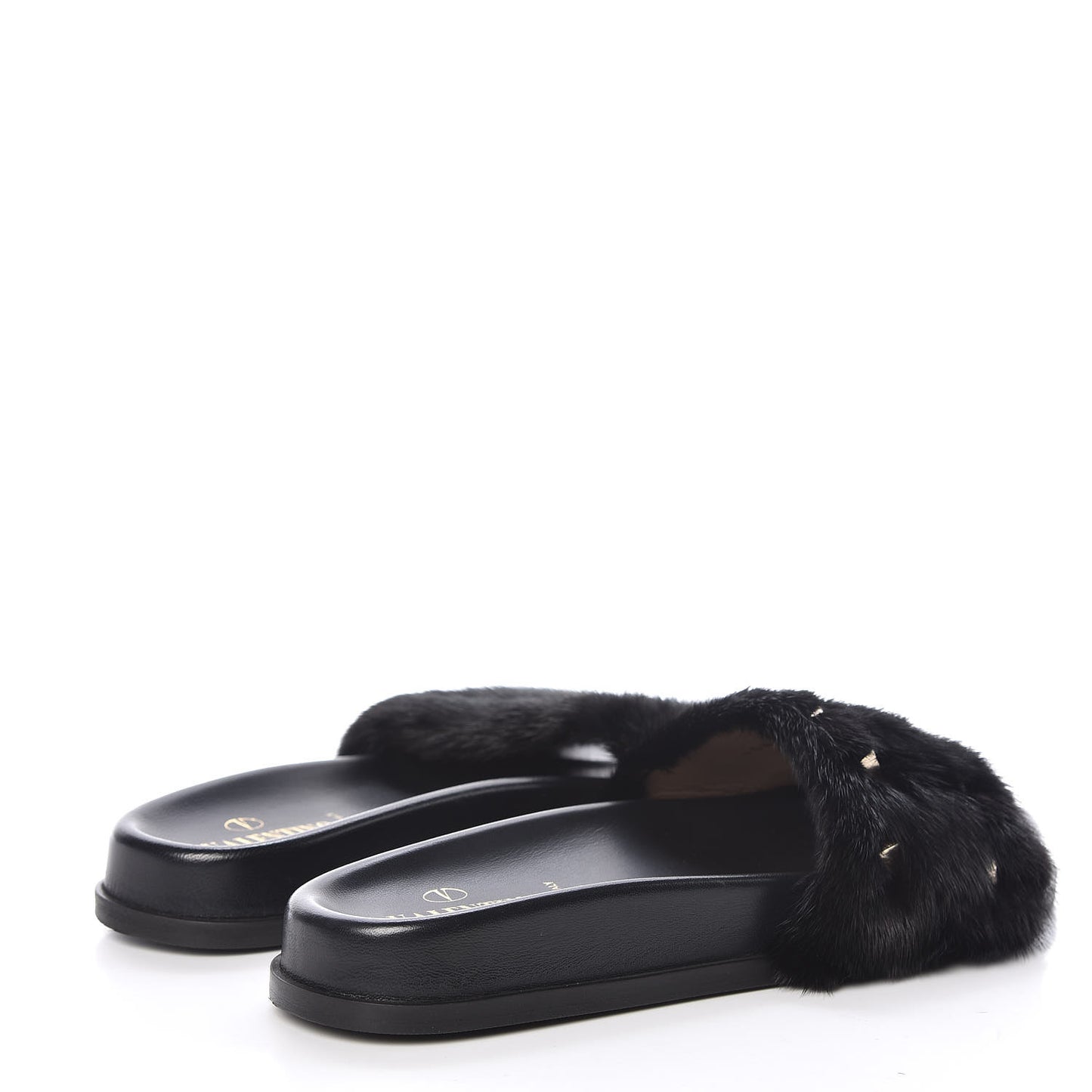 Mink Fur Rockstud Slide Sandals 38 Black