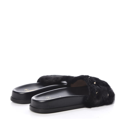 Valentino Garavani Mink Fur Rockstud Slide Sandals 38 Black 4 of 8