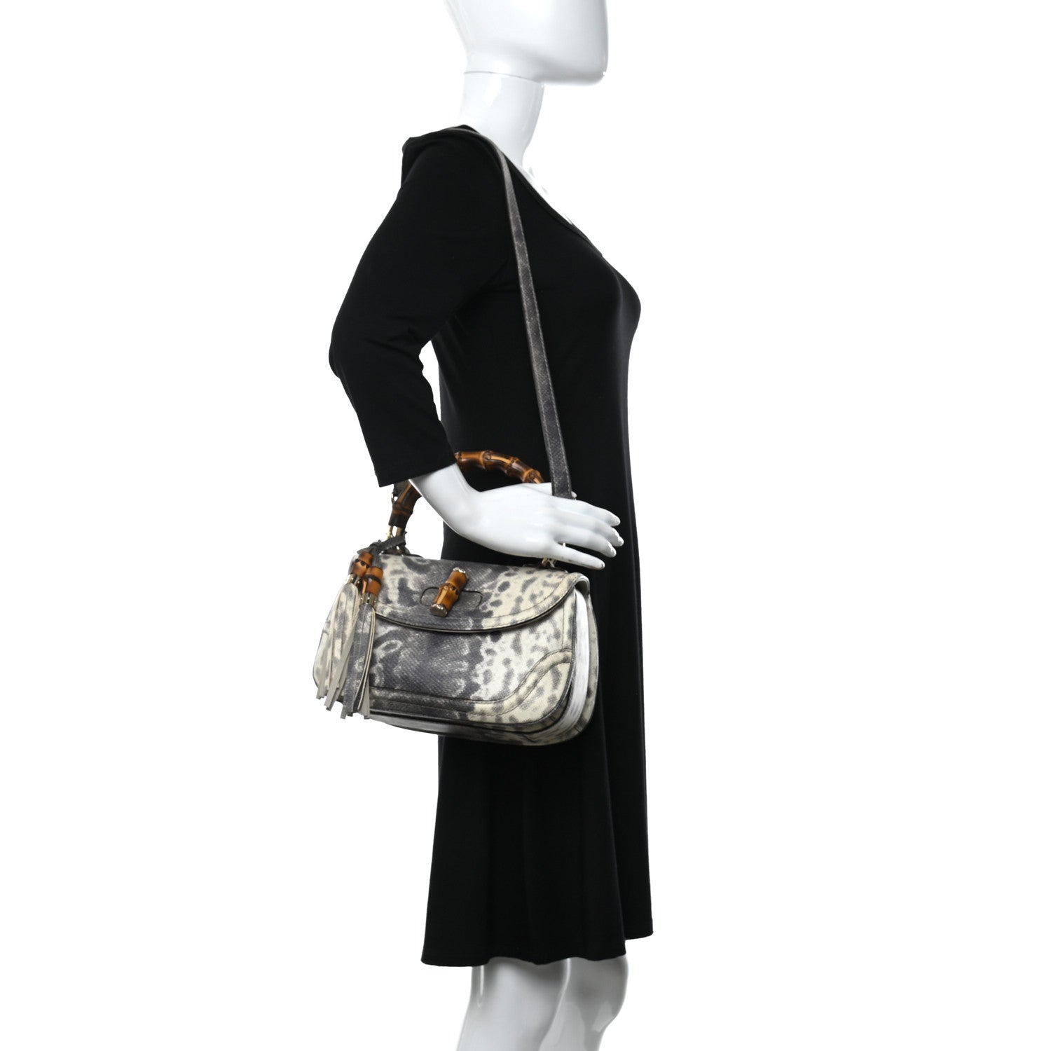 Gucci Calfskin Lizard Embossed Medium New Bamboo Top Handle Bag Grey 2 of 9