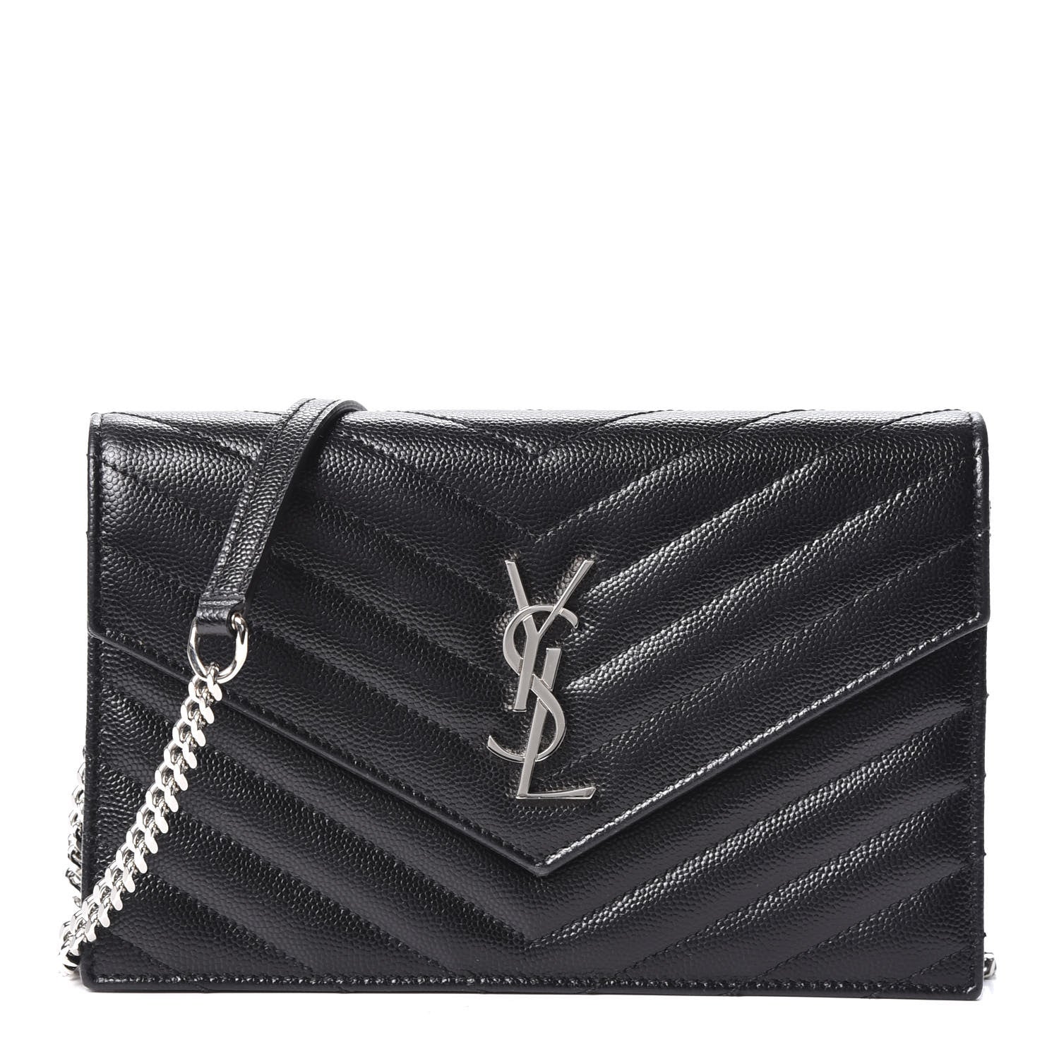 Saint Laurent Grain De Poudre Matelasse Chevron Monogram Envelope Chain Wallet Black 1 of 9