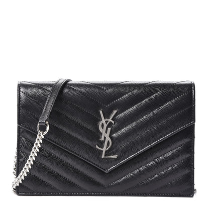 Saint Laurent Grain De Poudre Matelasse Chevron Monogram Envelope Chain Wallet Black 1 of 9
