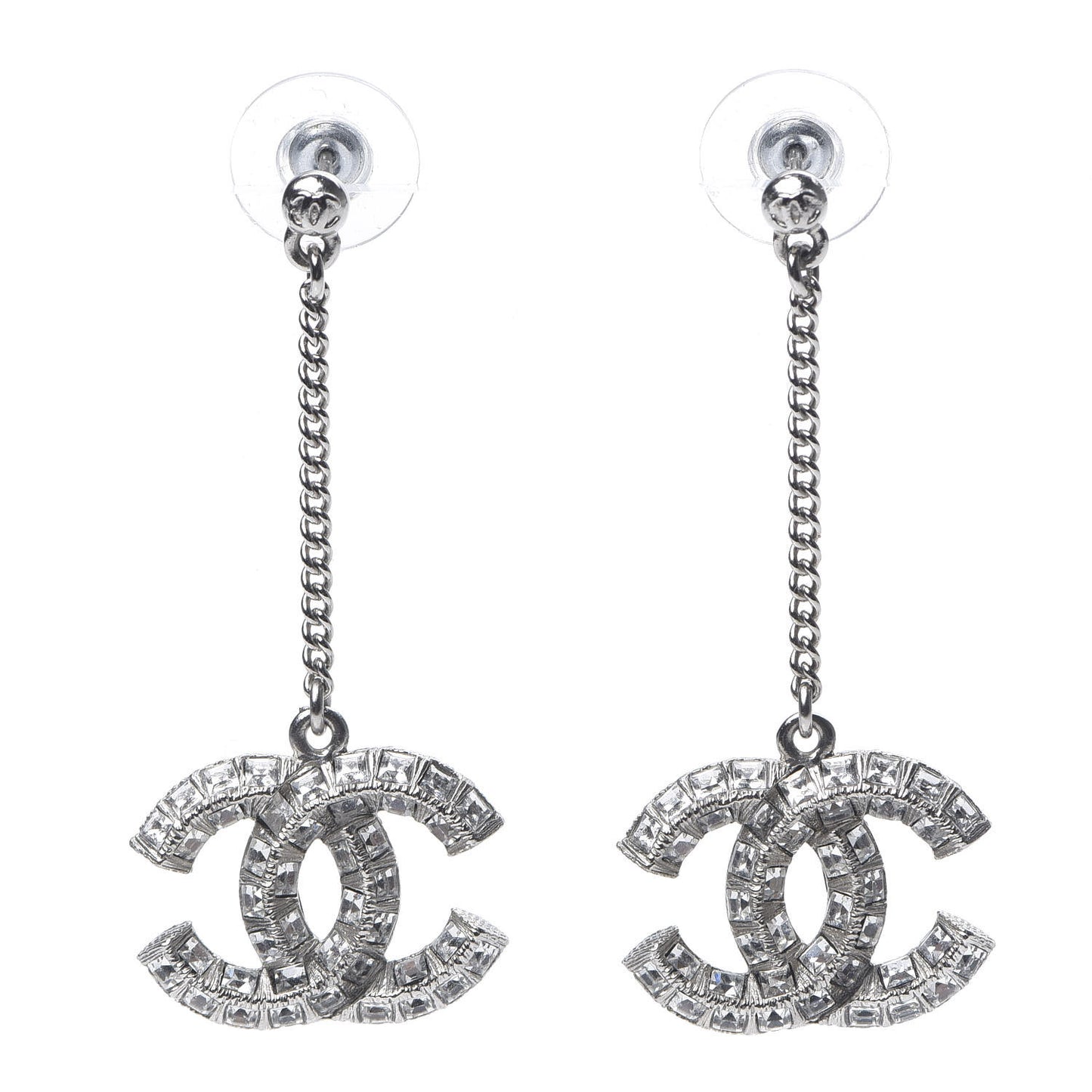 Baguette Crystal CC Drop Earrings Silver