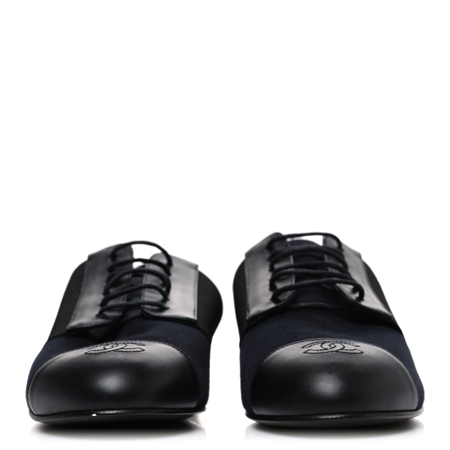 Chanel Calfskin Elastic Lace Up Cap Toe CC Loafers 40.5 Black Navy 3 of 10