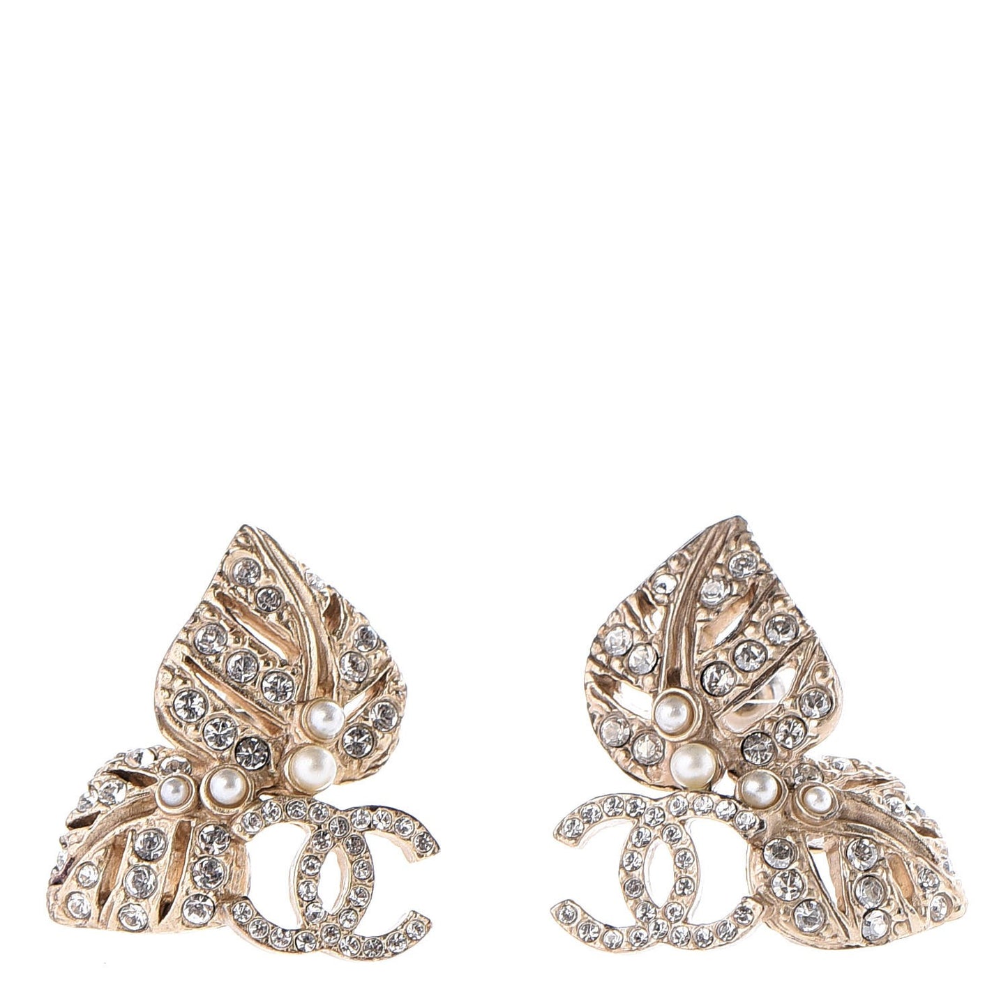 Crystal Pearl CC Leaf Earrings Gold