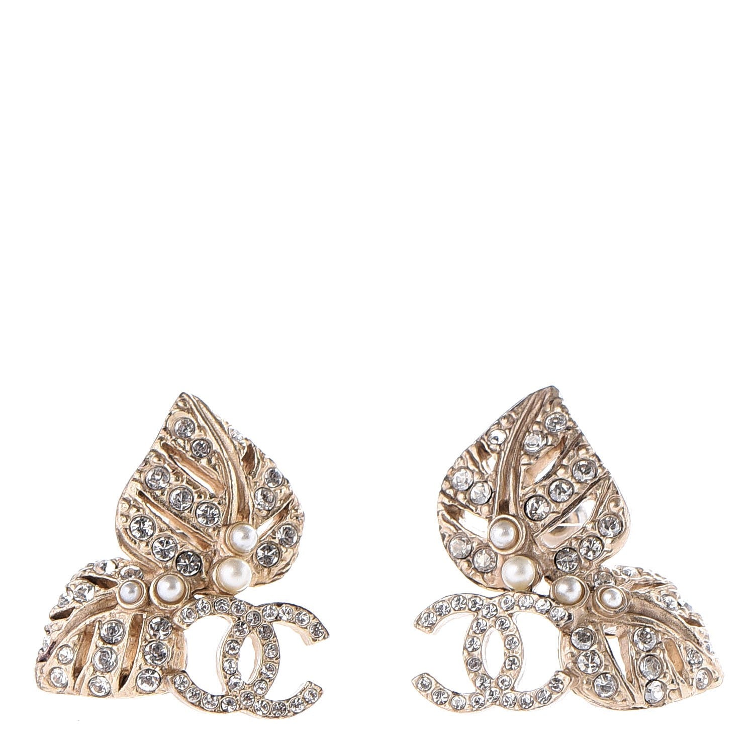 Chanel Crystal Pearl CC Leaf Earrings Gold 1 of 6