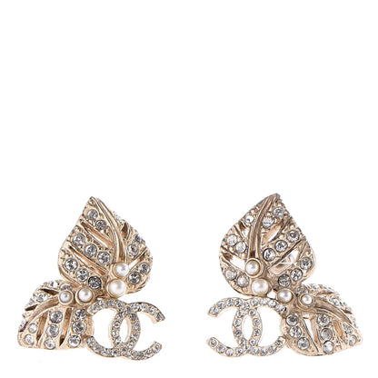 Chanel Crystal Pearl CC Leaf Earrings Gold 1 of 6