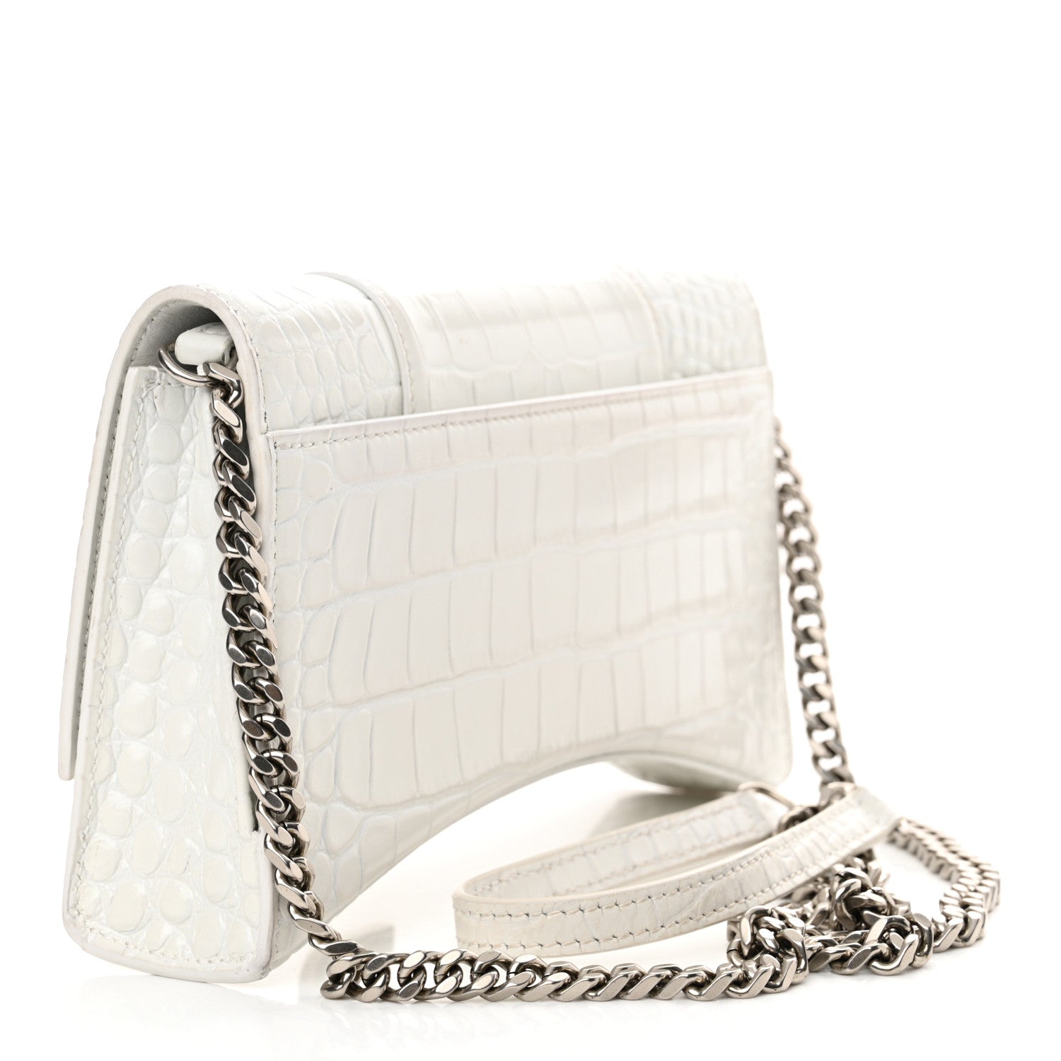Balenciaga Shiny Calfskin Crocodile Embossed Small Hourglass Evening Chain Bag White 3 of 12