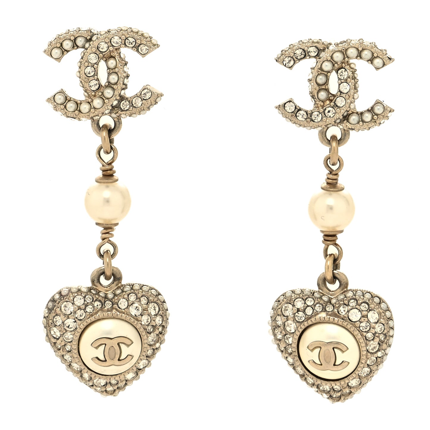 Pearl Crystal CC Heart Drop Earrings Gold White