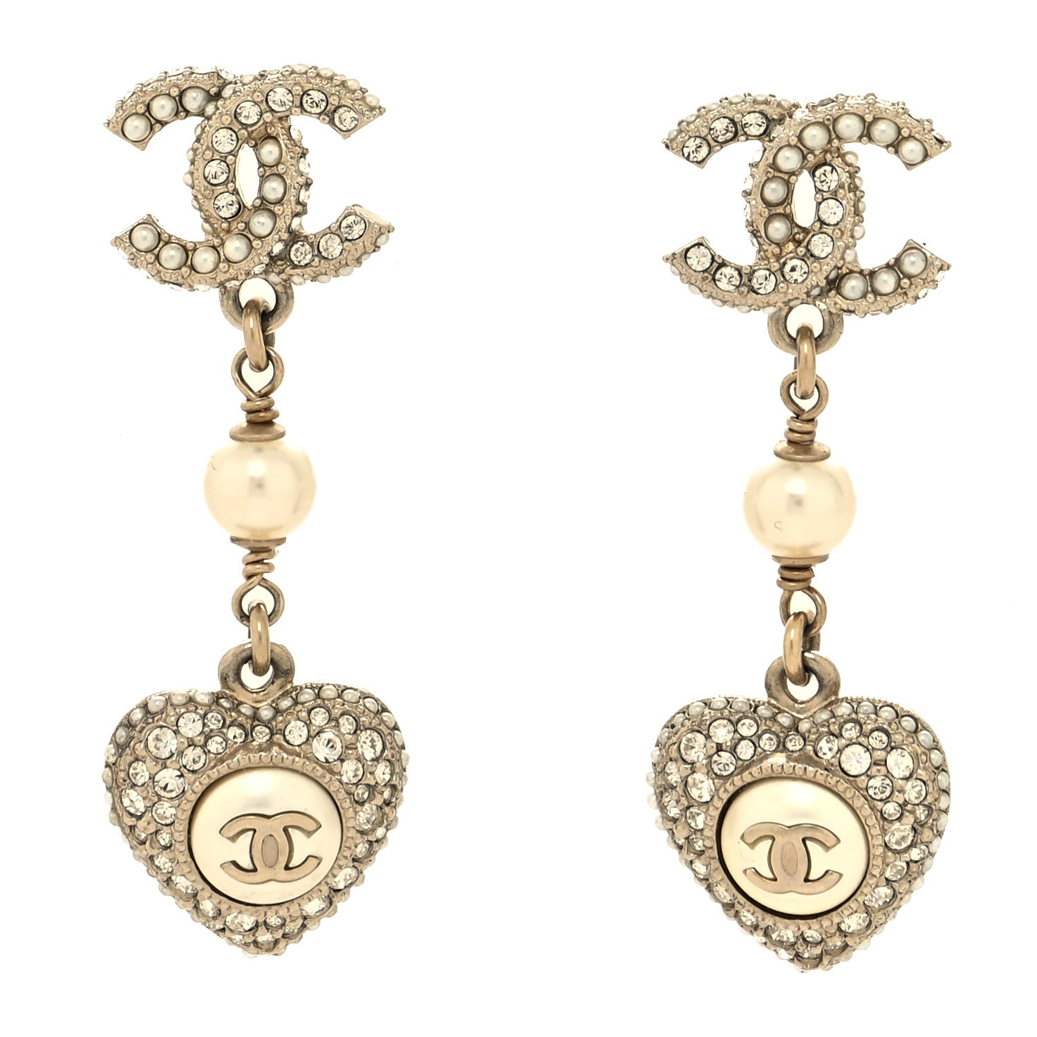 Chanel Pearl Crystal CC Heart Drop Earrings Gold White 1 of 4