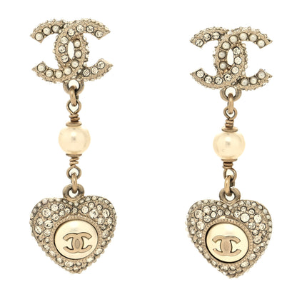 Chanel Pearl Crystal CC Heart Drop Earrings Gold White 1 of 4