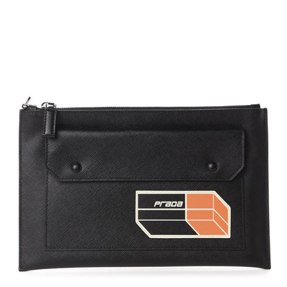 Prada Saffiano Patch Logo Clutch Black Arancio 1 of 7