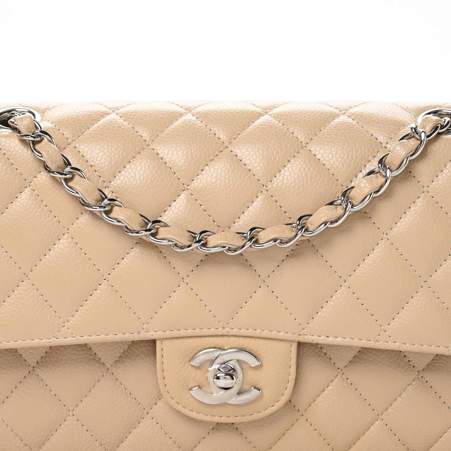 Caviar Quilted Medium Double Flap Beige