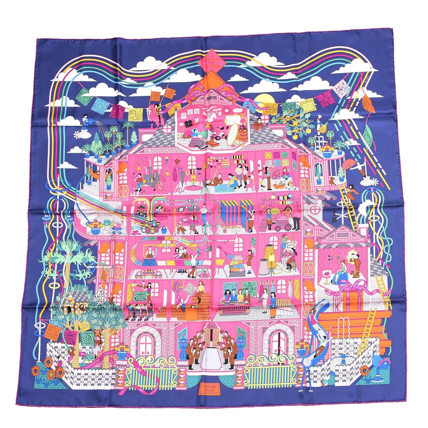 Hermes Silk La Maizeon Des Carres Scarf 90 Marine Rose Vert 1 of 5