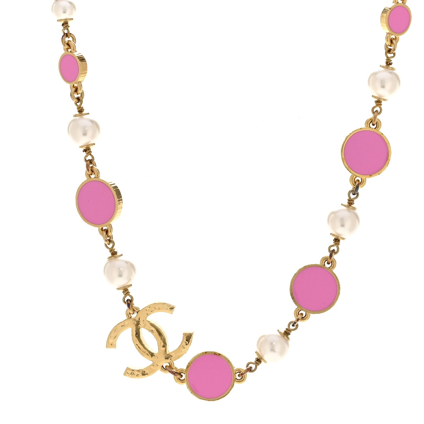 Metal Enamel Pearl CC Necklace Pink Gold