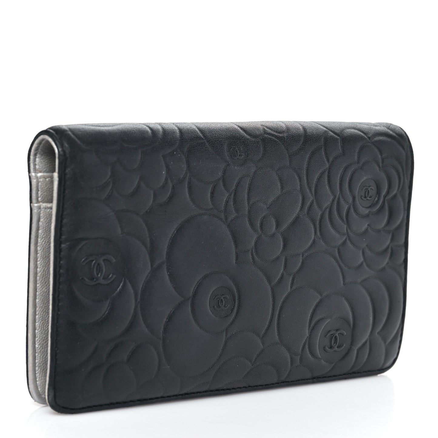 Lambskin Camellia Embossed Yen Wallet Black