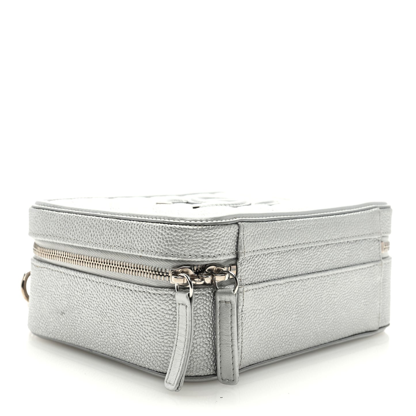 Metallic Caviar Quilted Medium CC Filigree Vanity Case Silver
