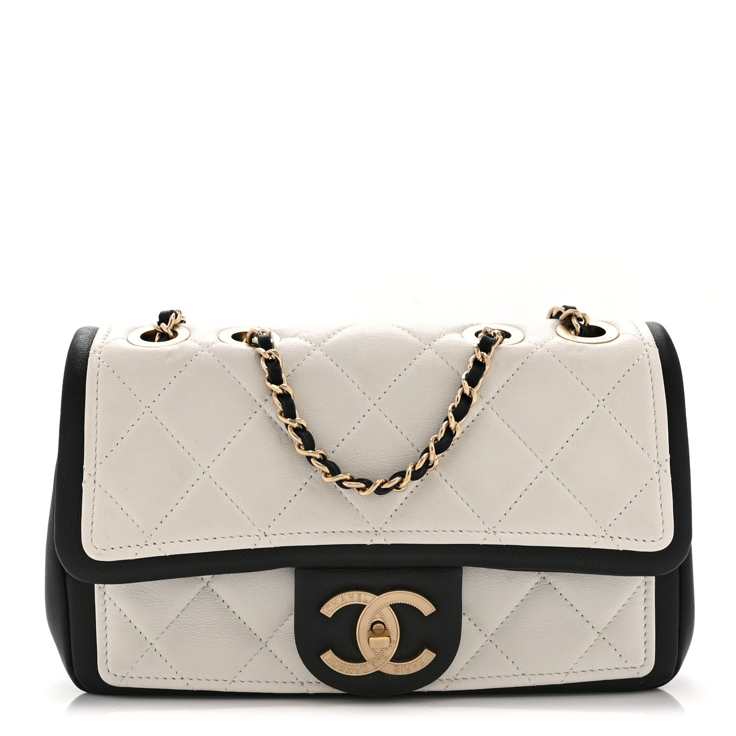 Lambskin Quilted Small Graphic Flap White Black