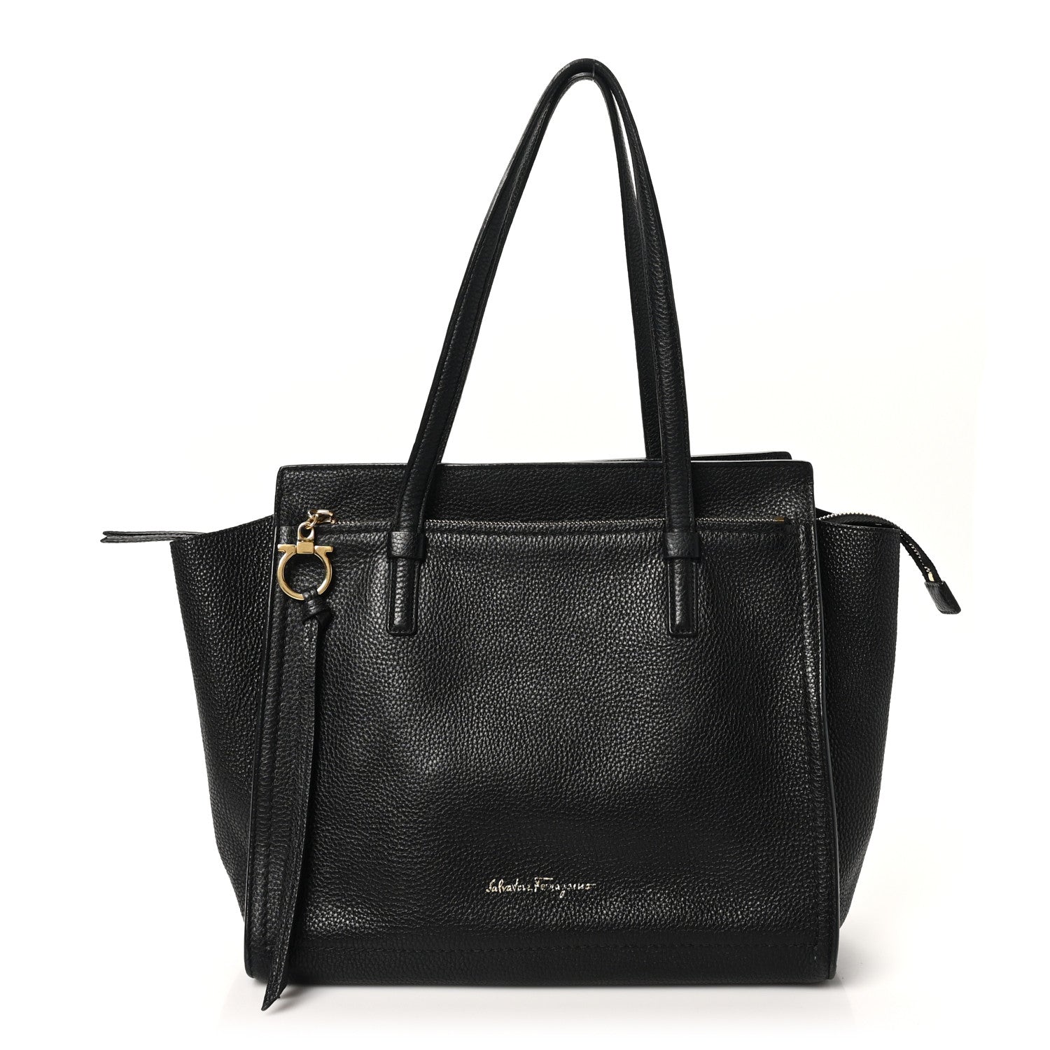 Salvatore Ferragamo Hammered Calfskin Double Handle Large Amy Tote Black 1 of 9