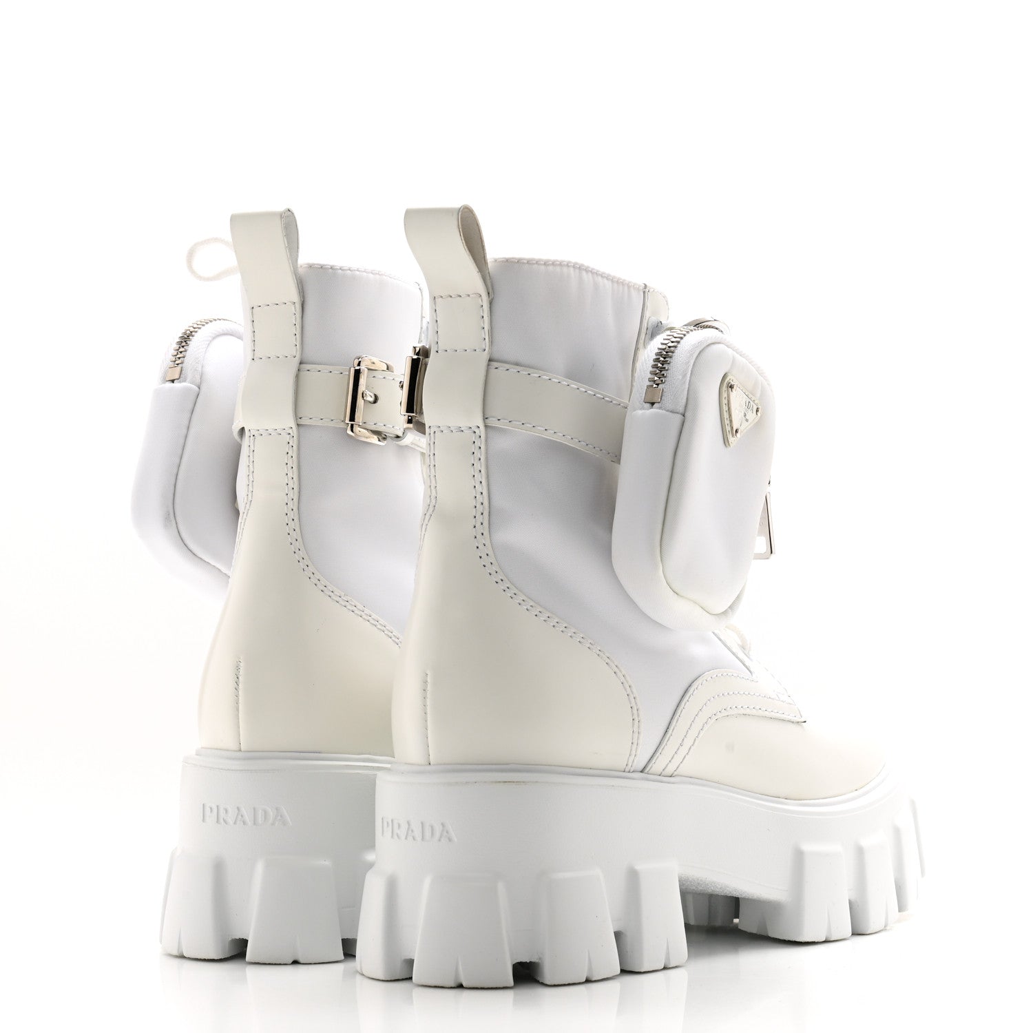 Prada Spazzolato Rois Re-Nylon Metal Triangle Logo Monolith Pouch Pocket 60mm Combat Boots 35.5 White 4 of 10